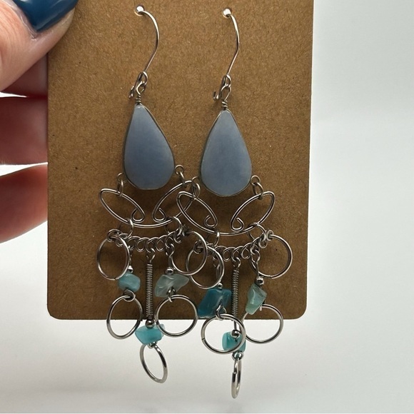 Genuine Blue Quartz Long Dangle Earrings Silver Tone Textured Hoops - Picture 4 of 4